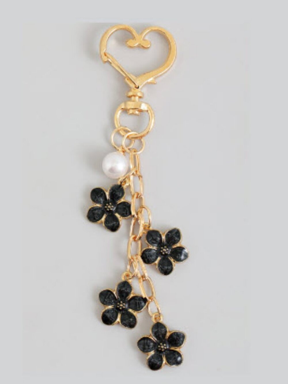 Laquered Flower and Pearl Bag Charm Keychain. 4" Long